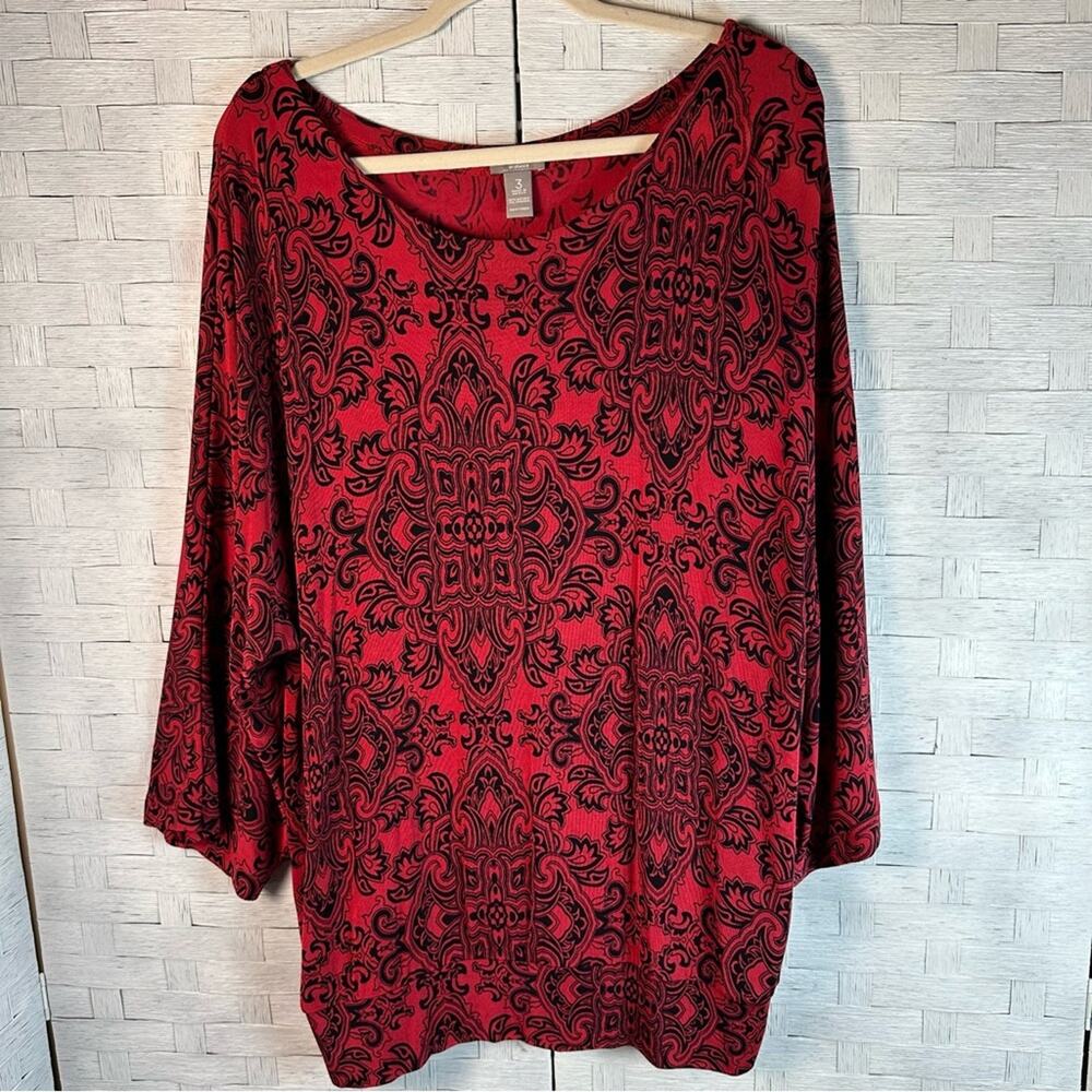 Chico's Womens Travels blouse red & black 3/4‎ sleeve bohemian plus size